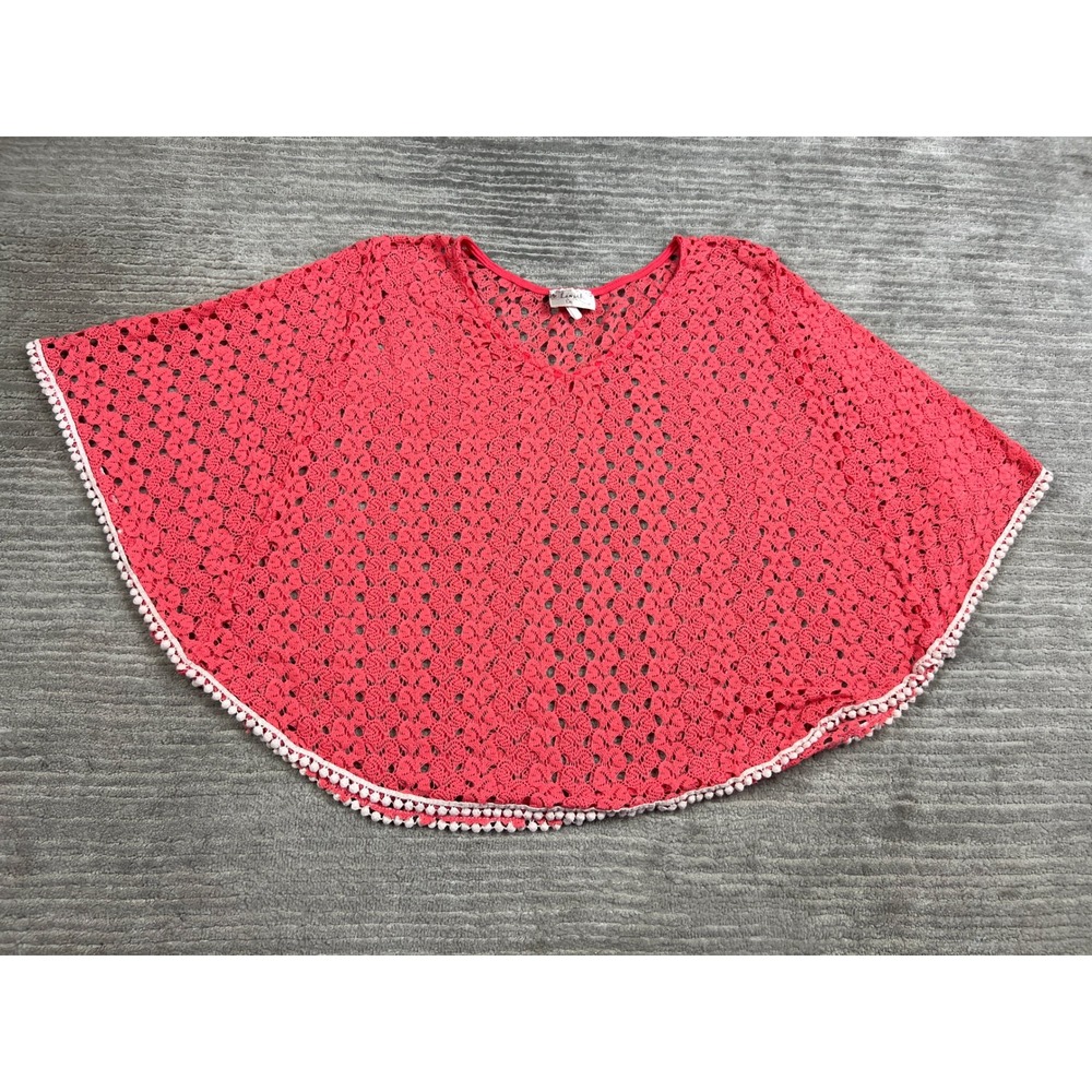 Lavish Poncho Womens One Size Coral Pink Crochet Pom Pom Trim V-Neck Boho Cape